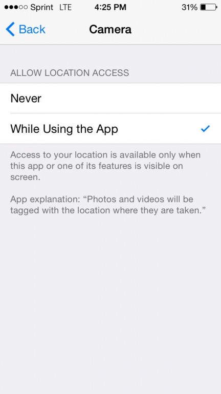 iOS 8 Camera GPS Options