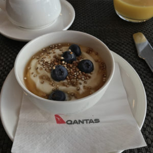 Yogurt with blueberries, toasted quinoa and buckwheat