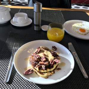 Waffles with mango, lime, mascarpone and maple syrup